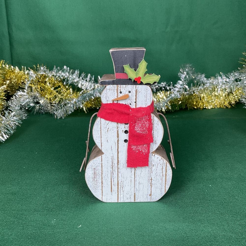 Rustic Wooden Snowman Figurine Metal Base Red Scarf Top Hat Christmas Decor Sign